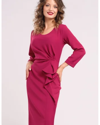 Rochie midi cu franjuri si volane, Roz zmeuriu