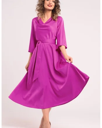 Rochie din satin cu decolteu drapat, Fucsia