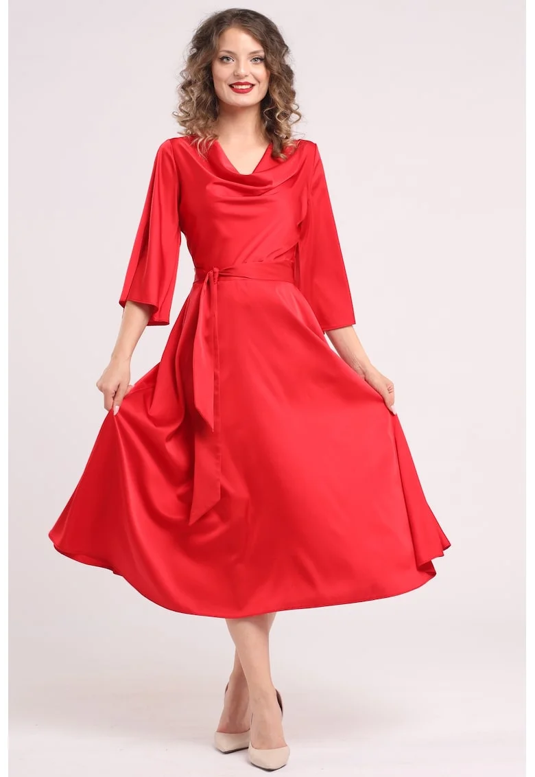 Rochie din satin cu decolteu drapat, Rosu