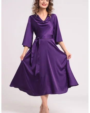 Rochie din satin cu decolteu drapat, Violet