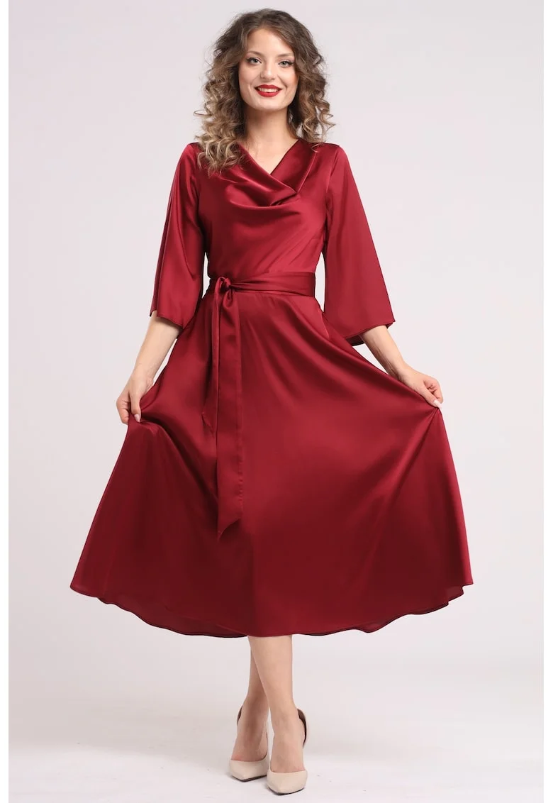 Rochie din satin cu decolteu drapat, Visiniu