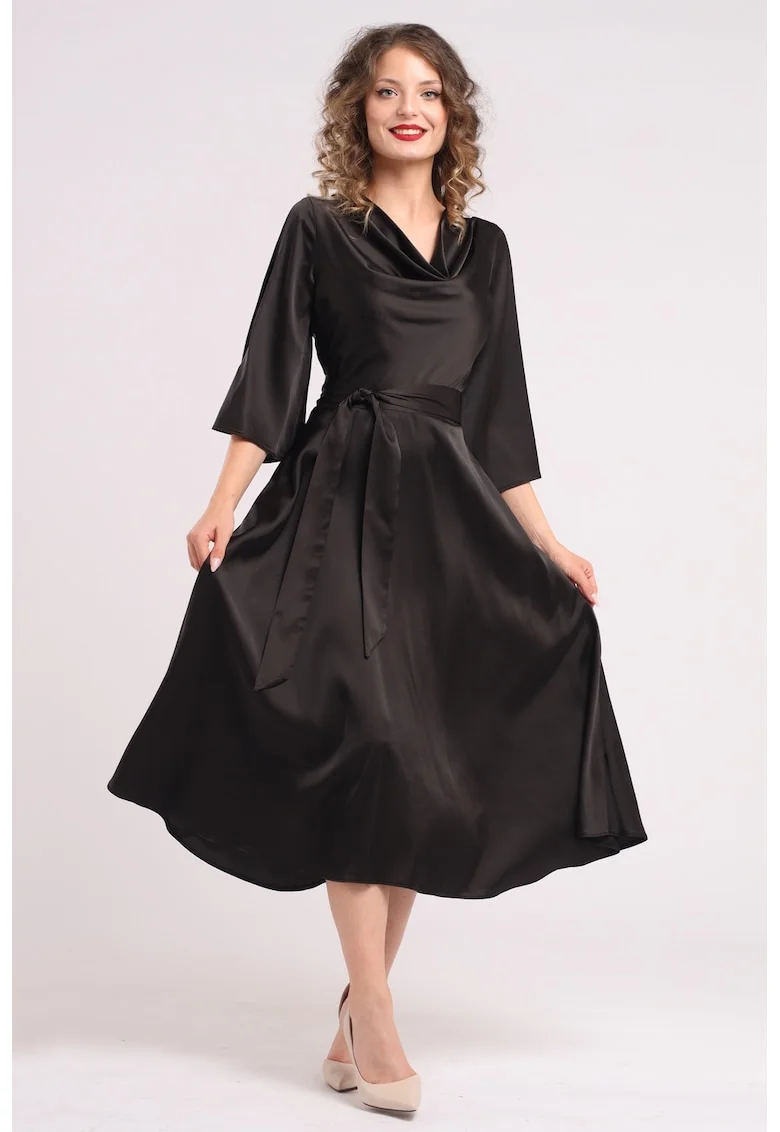 Rochie din satin cu decolteu drapat, Negru