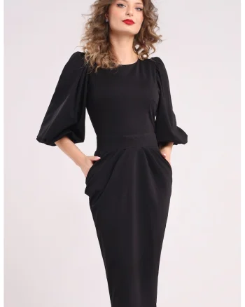 Rochie cu croiala creion si maneci bufante, Negru