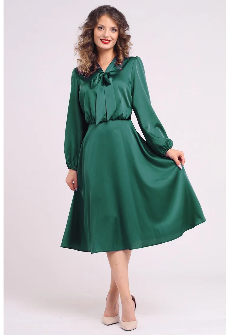 Rochie din satin cu funda din panglici, Verde