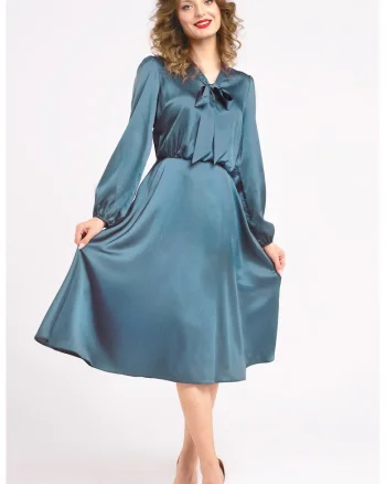 Rochie din satin cu funda din panglici, Verde persan