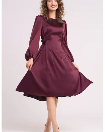 Rochie midi din matase cu croiala evazata, Visiniu