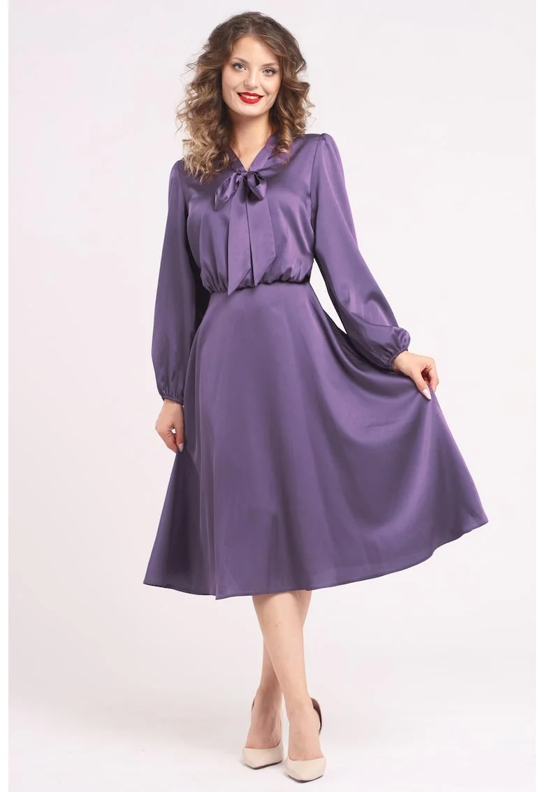 Rochie din satin cu funda din panglici, Violet prafuit