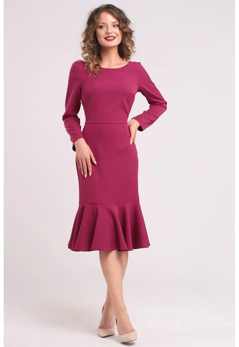 Rochie midi cu terminatie cu volane, Roz zmeuriu