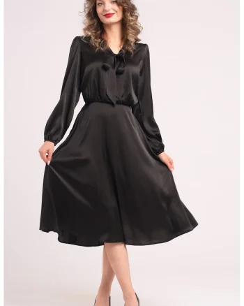 Rochie din satin cu funda din panglici, Negru