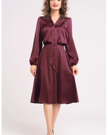 Rochie din satin cu funda din panglici, Visiniu
