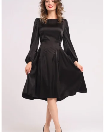 Rochie midi din matase cu croiala evazata, Negru