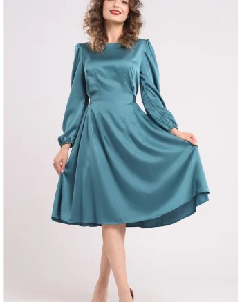 Rochie midi din matase cu croiala evazata, Albastru petrol