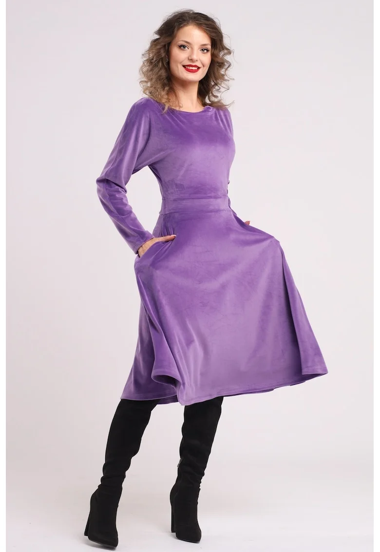 Rochie midi cu aspect de catifea, croiala evazata si buzunare laterale, Lila
