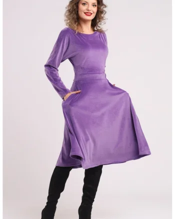 Rochie midi cu aspect de catifea, croiala evazata si buzunare laterale, Lila