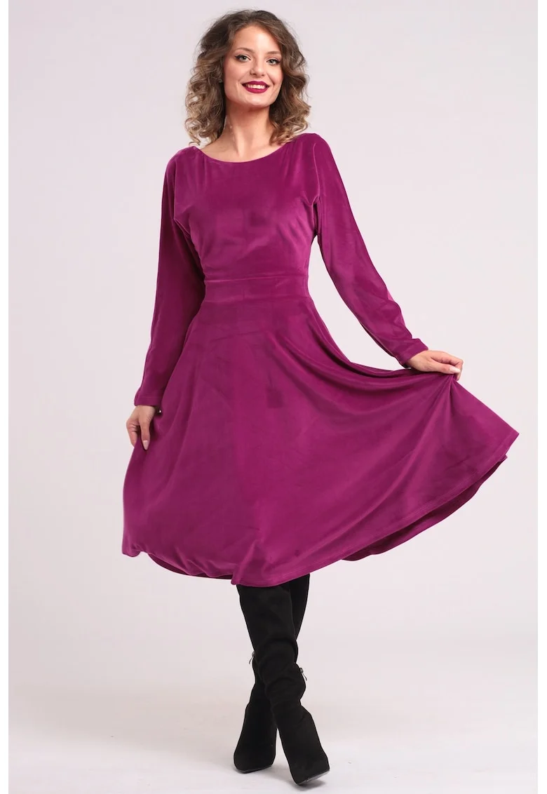 Rochie midi cu aspect de catifea, croiala evazata si buzunare laterale, Roz zmeuriu