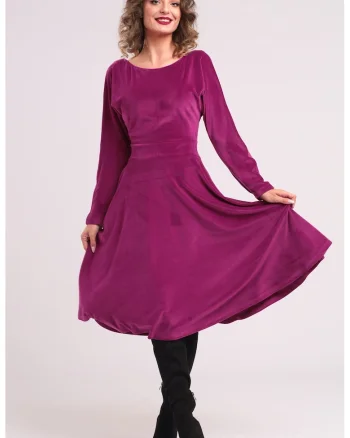 Rochie midi cu aspect de catifea, croiala evazata si buzunare laterale, Roz zmeuriu