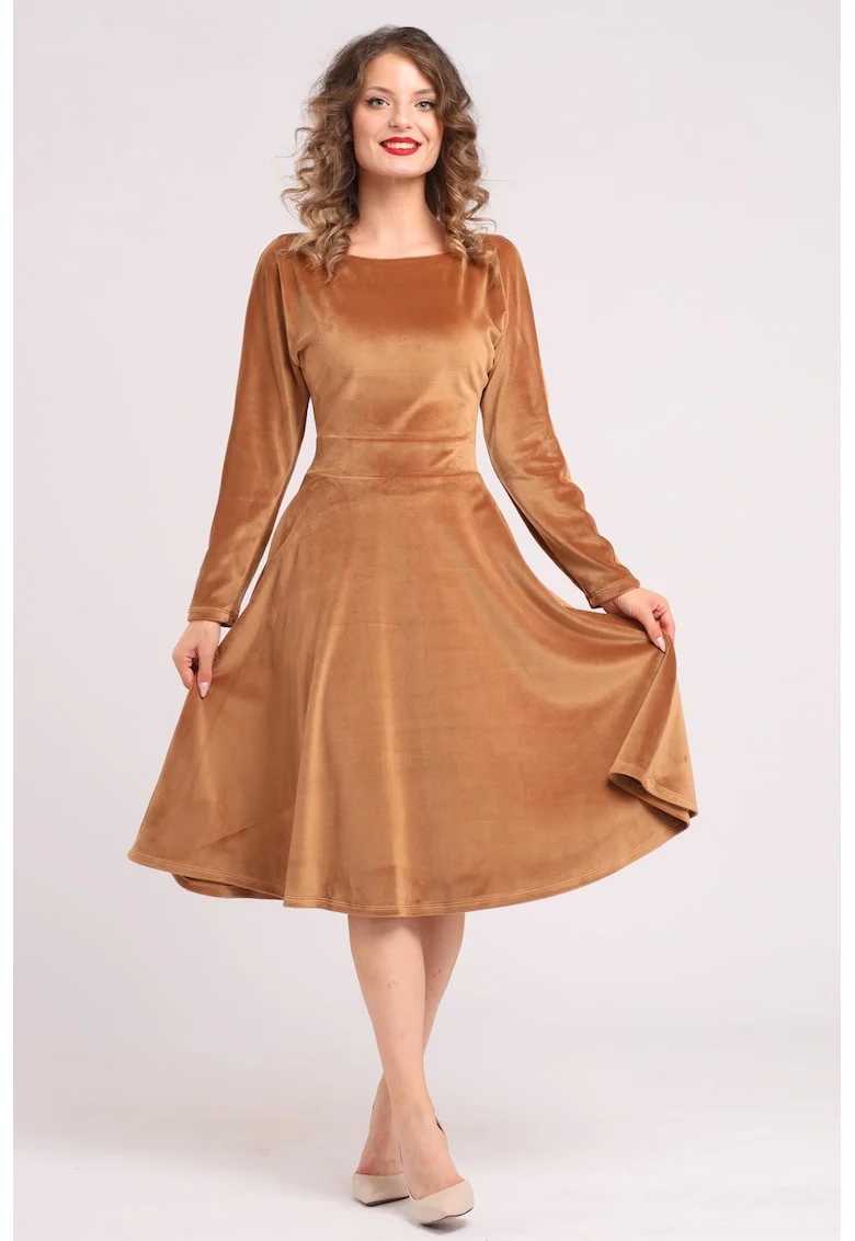 Rochie midi cu aspect de catifea, croiala evazata si buzunare laterale, Bej