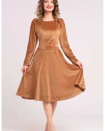 Rochie midi cu aspect de catifea, croiala evazata si buzunare laterale, Bej