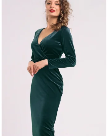 Rochie midi cu aspect de catifea, croiala cambrata si decolteu in V, Verde
