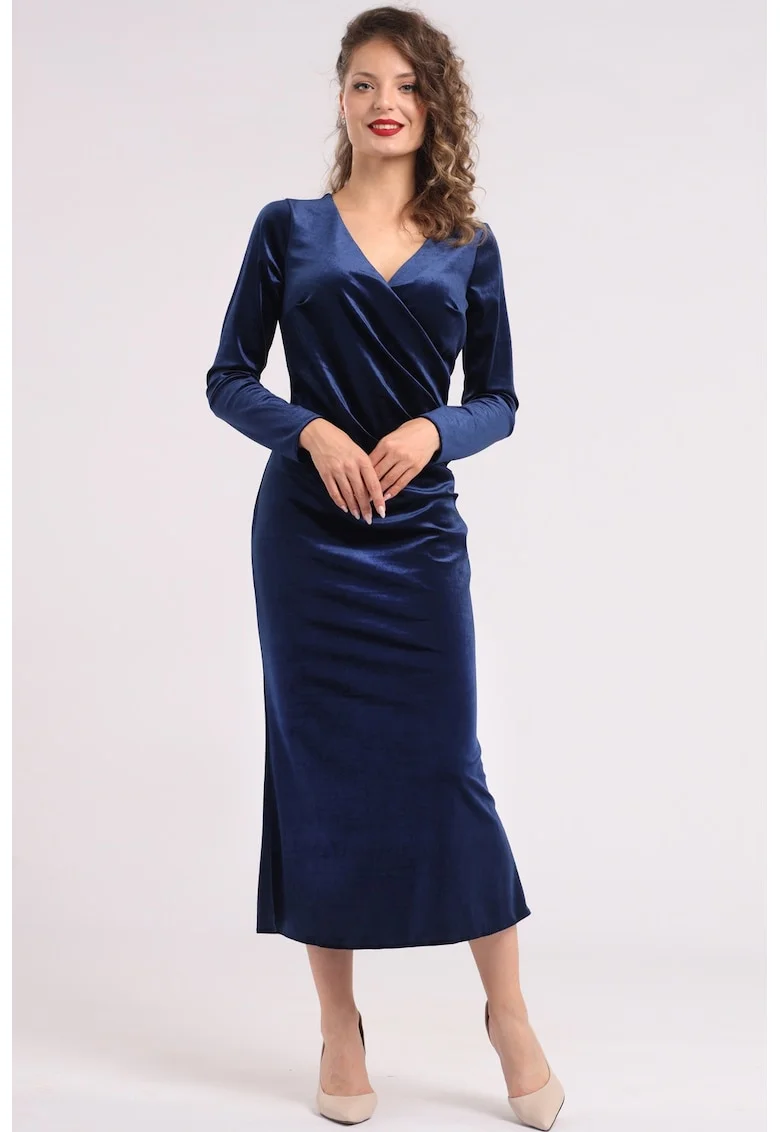Rochie midi cu aspect de catifea si decolteu cache-coeur, Bleumarin