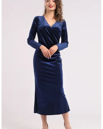 Rochie midi cu aspect de catifea si decolteu cache-coeur, Bleumarin
