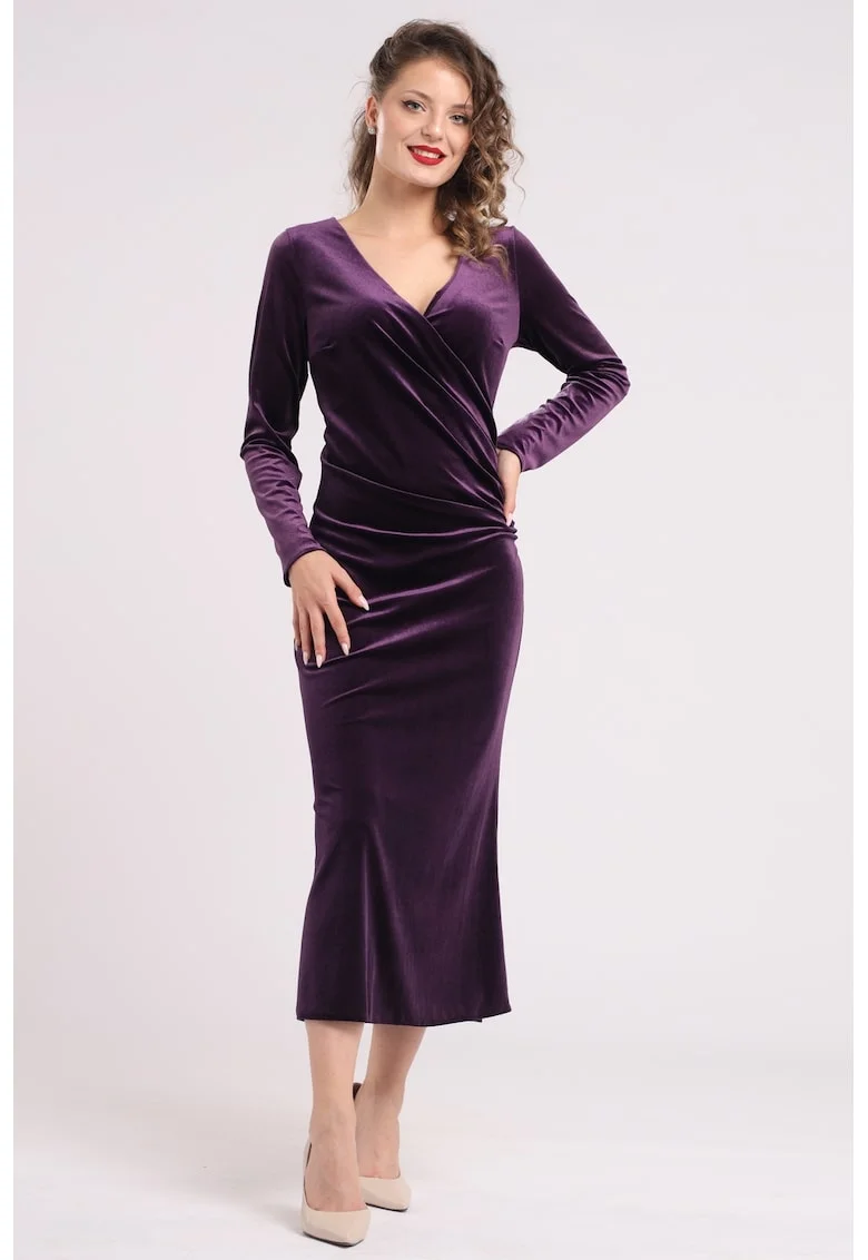 Rochie midi cu aspect de catifea si decolteu cache-coeur, Violet