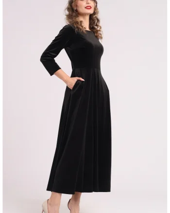 Rochie cu aspect de catifea si buzunare laterale, Negru