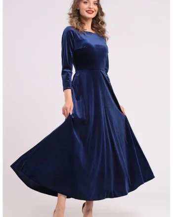 Rochie cu aspect de catifea si buzunare laterale, Albastru inchis