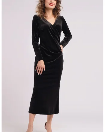 Rochie midi cu aspect de catifea si decolteu cache-coeur, Negru