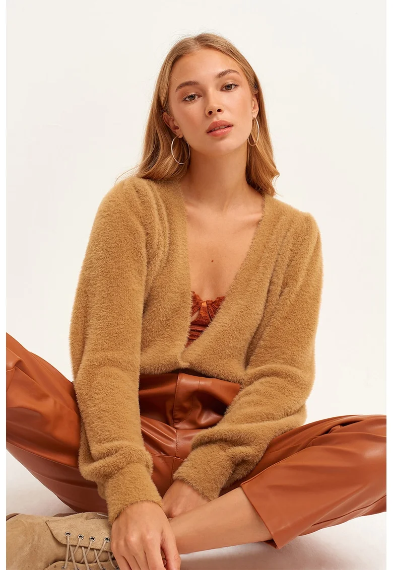 Cardigan cu decolteu in V si aspect pufos, Portocaliu inchis