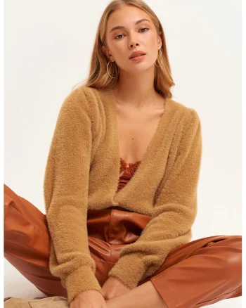 Cardigan cu decolteu in V si aspect pufos, Portocaliu inchis