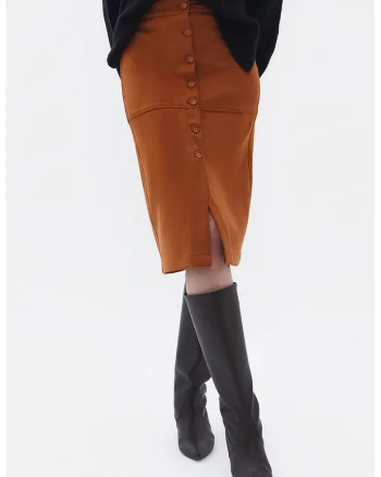 Fusta midi cu nasturi si slit frontal, Portocaliu stins