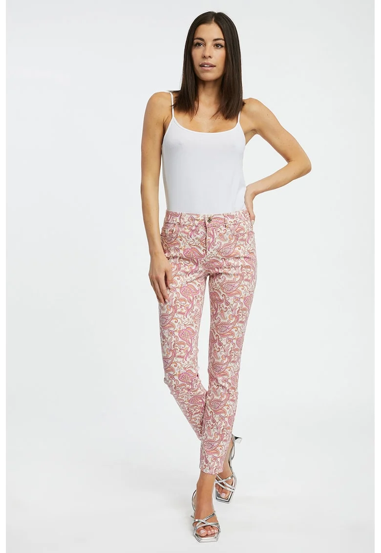 Blugi skinny cu design floral, Alb murdar/Roz