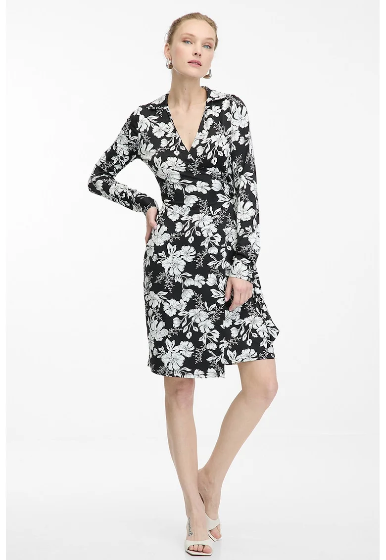 Rochie midi cu model petrecut, decolteu in V si model floral, Alb/Negru