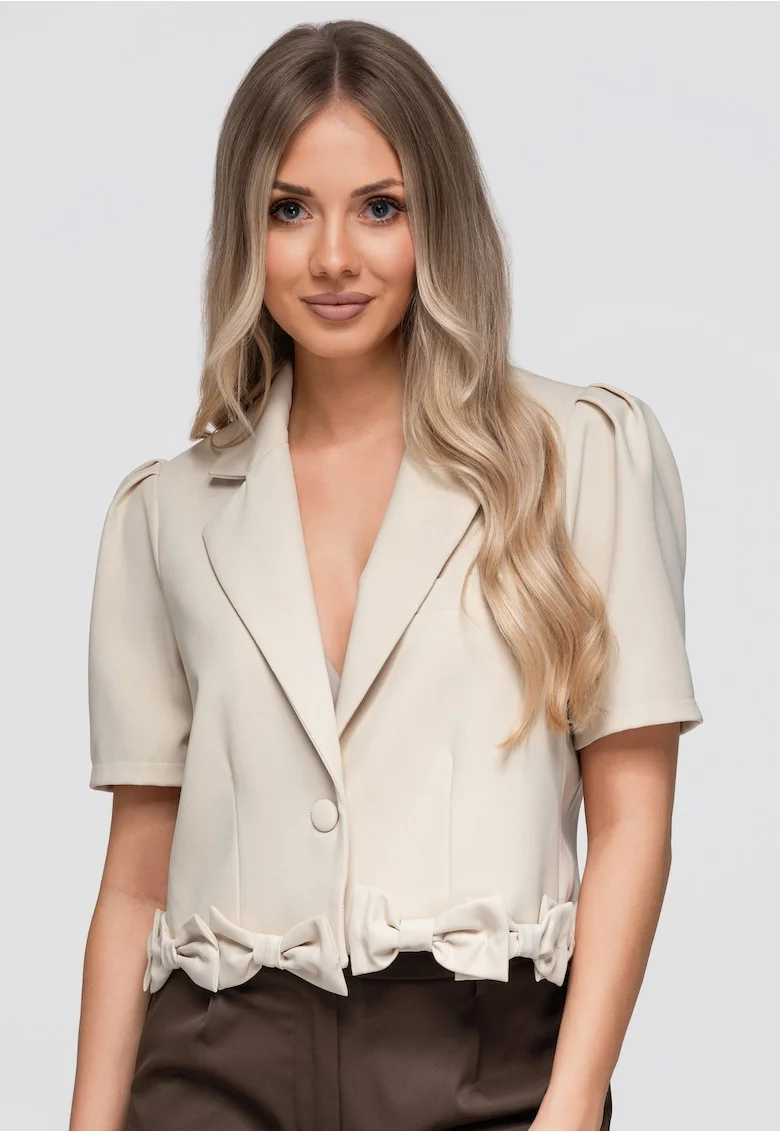 Sacou dama scurt cu guler tip clape si maneci scurte, slim fit OW-BL-E0002, Bej