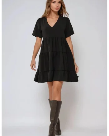 Rochie mini  A-line, decolteu in V, neagra, jerseu