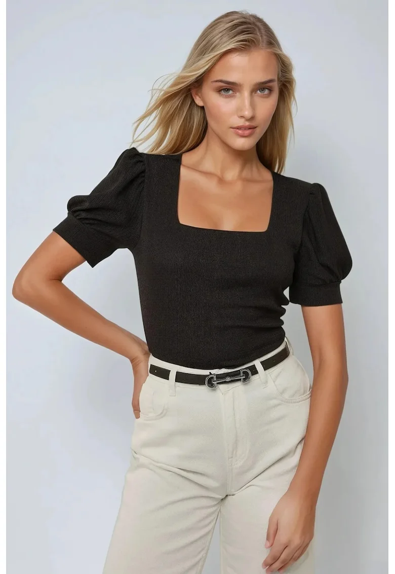 Bluza dama,  texturata, guler patrat, negru, bumbac