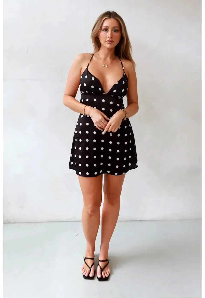 Rochie mini  Emily Polka, decolteu in V, negru, satin
