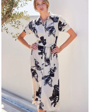 Rochie midi dama HiCCUP, viscoza, imprimeu floral, bej/bleumarin