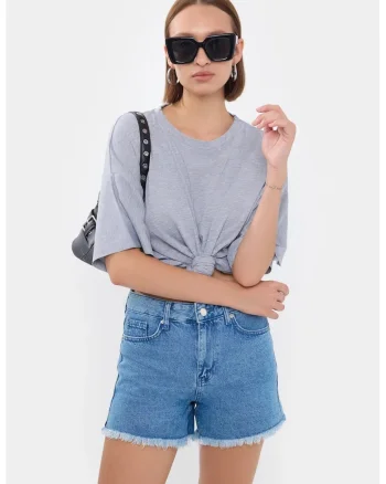 Tricou dama,  Basic, maneca scurta, guler rotund, gri, bumbac