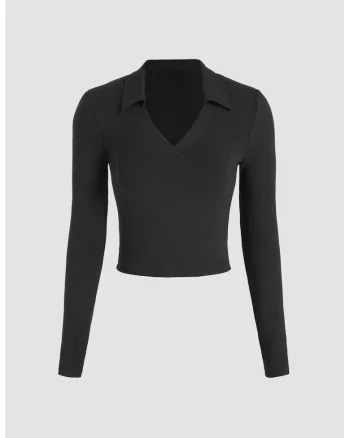 Top Dama,  Basic, decolteu in V, negru, jerseu
