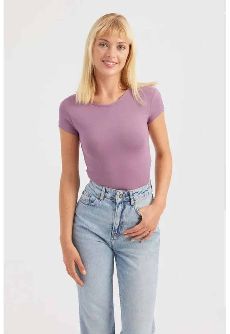 Top scurt dama,  guler rotund, spate incrucisat, violet, textil