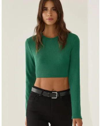 Bluza crop cu maneca lunga din amestec de bumbac