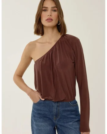 Bluza dama,  asimetrica, cu guler incretit, maro, poliester