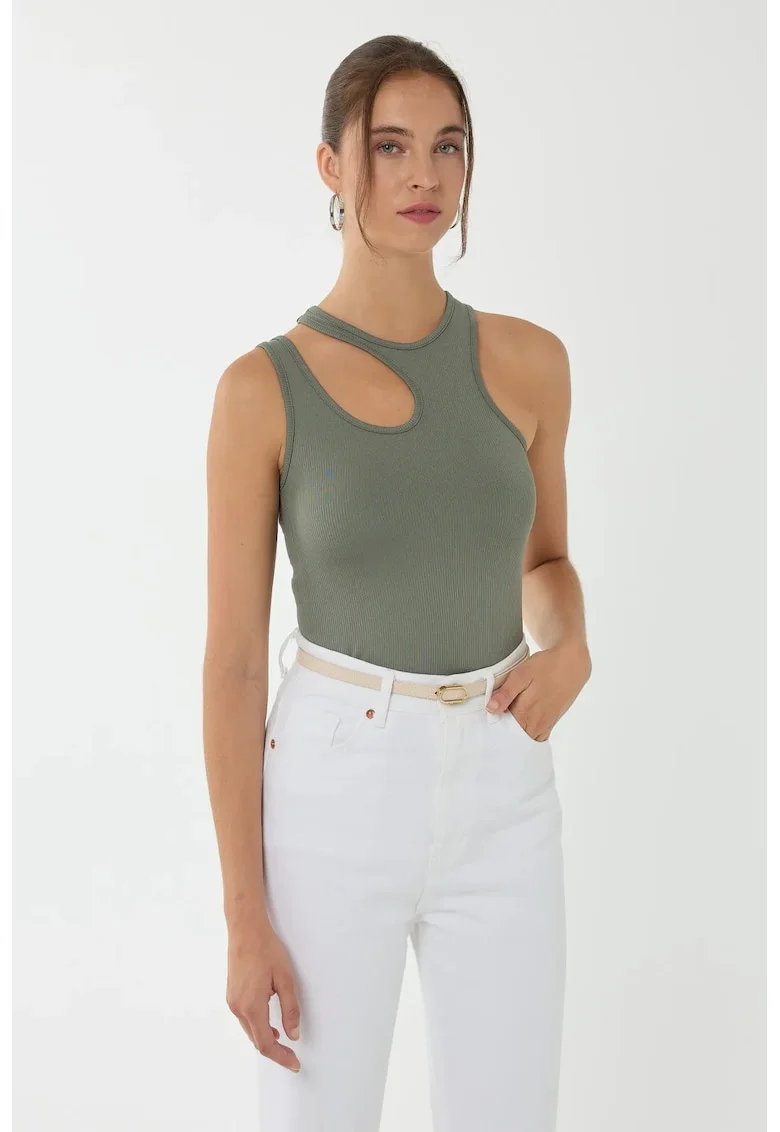 Top scurt,  guler asimetric, verde, jerseu