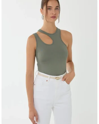Top scurt,  guler asimetric, verde, jerseu