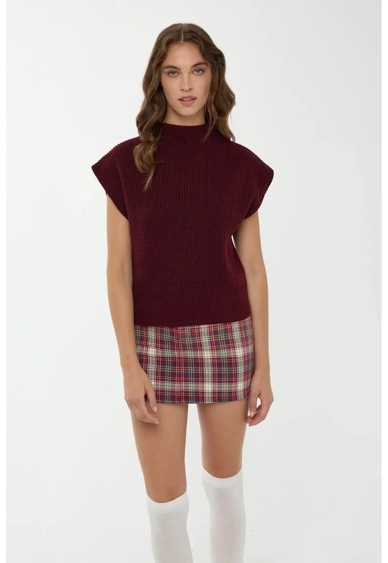 Pulover dama,  tricotat cu guler inalt, rosu, acril