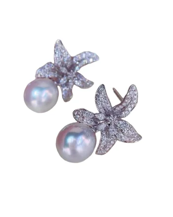 Cercei argintii, forma de floare, cu pietre din zirconiu si perle, Cosmo C15,