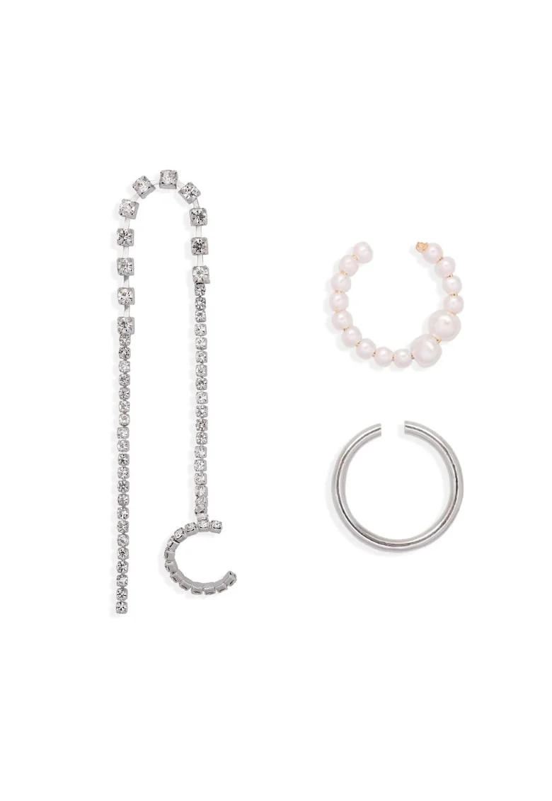 Cercei ear cuff, argintii, cu pietre si perle, Sekine C2,