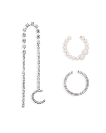 Cercei ear cuff, argintii, cu pietre si perle, Sekine C2,